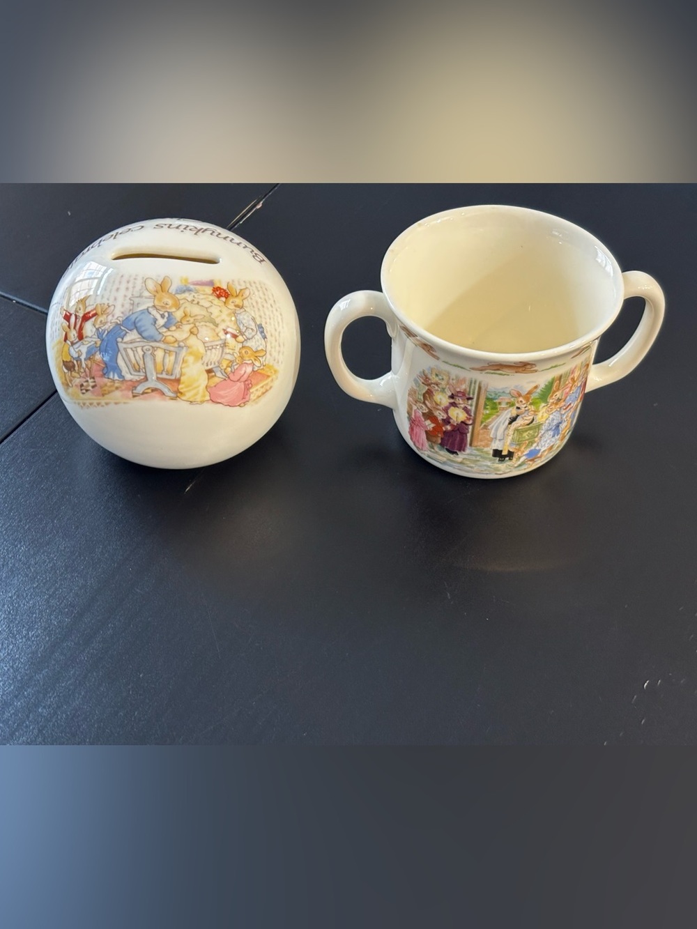 😍2/$20 Royal Doulton Bunnykins Christening Money Bank & Cup Fine Bone China